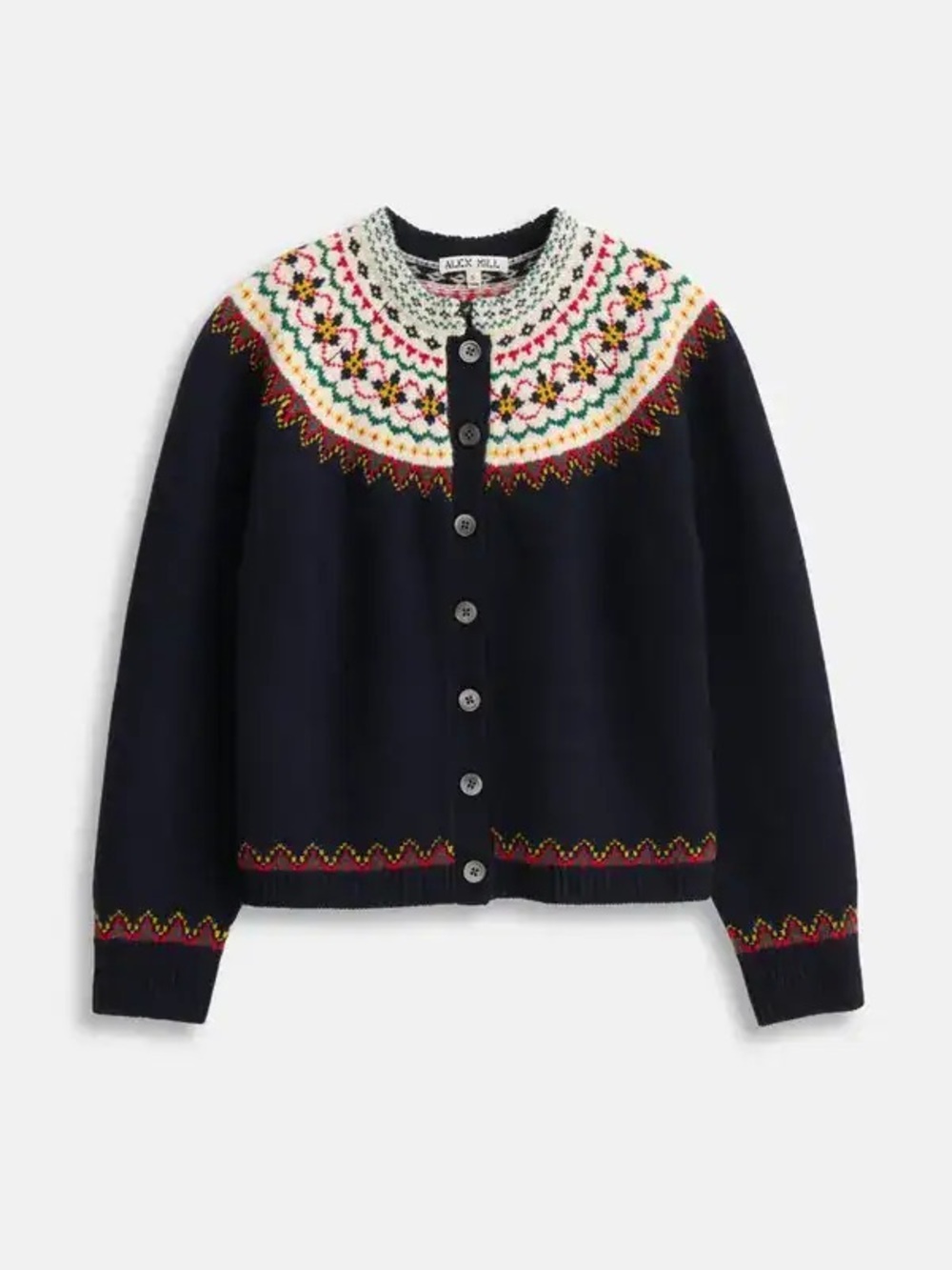 Alex Mill Navy Fair Isle Yoke Knit Cardigan with Multicolor Accents